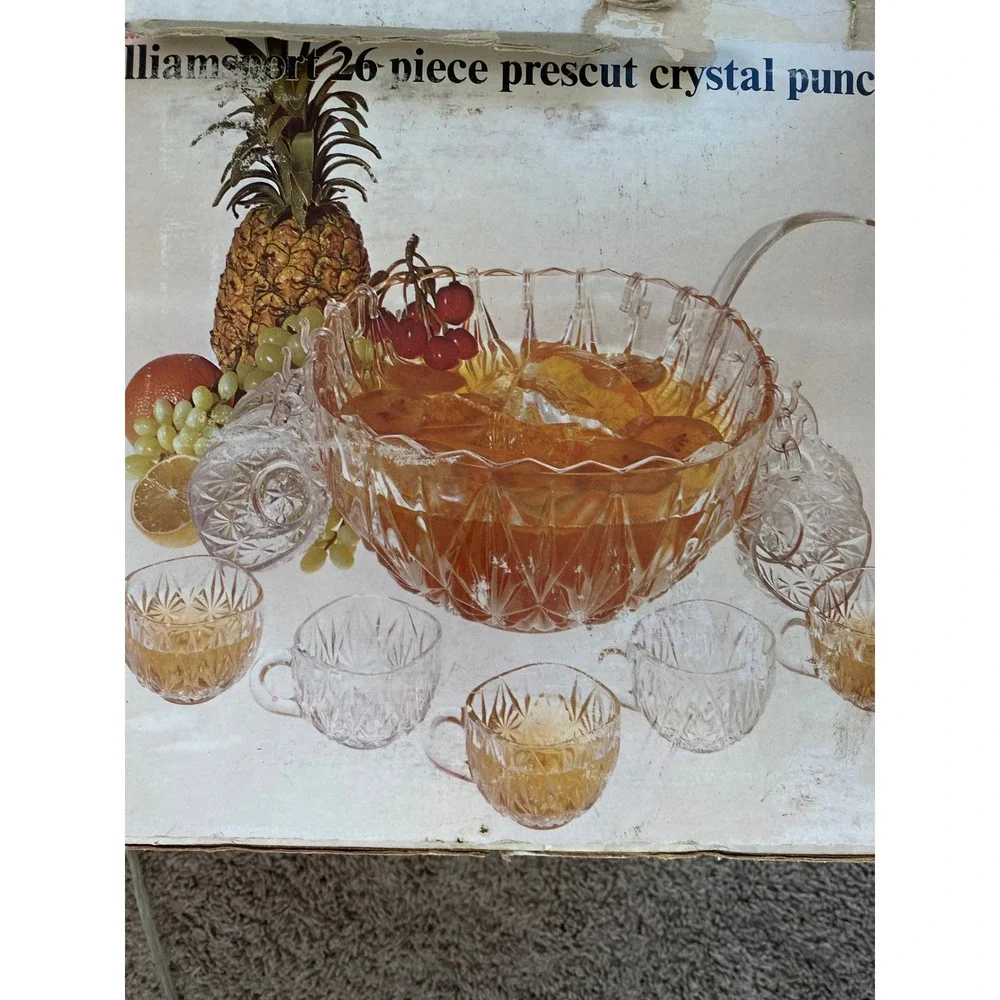 Williamsport  Vintage 12 Pc Prescut Crystal Punch Bowl Set w 10 Cups + Ladle